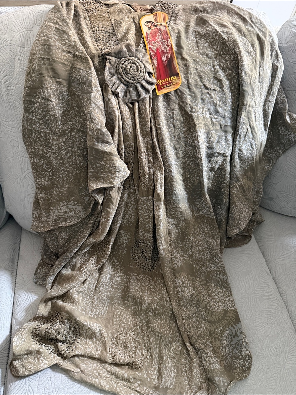 Earth-Tone Floral Maxi Dress with Rosette Detail